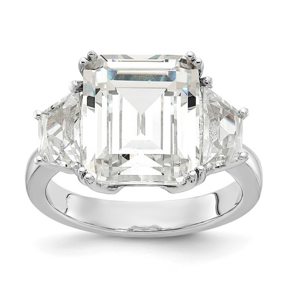 925 Sterling Silver Fancy Emerald-cut and Brilliant-cut CZ 3 Stone Ring Size 6
